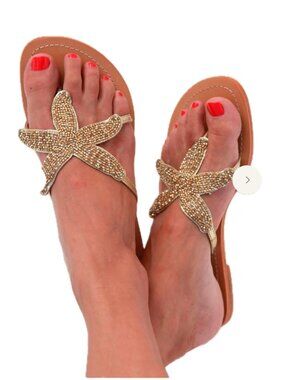Aspiga Gold Starfish Women's Thong Style Beaded Leather Sandals Gold Size 39